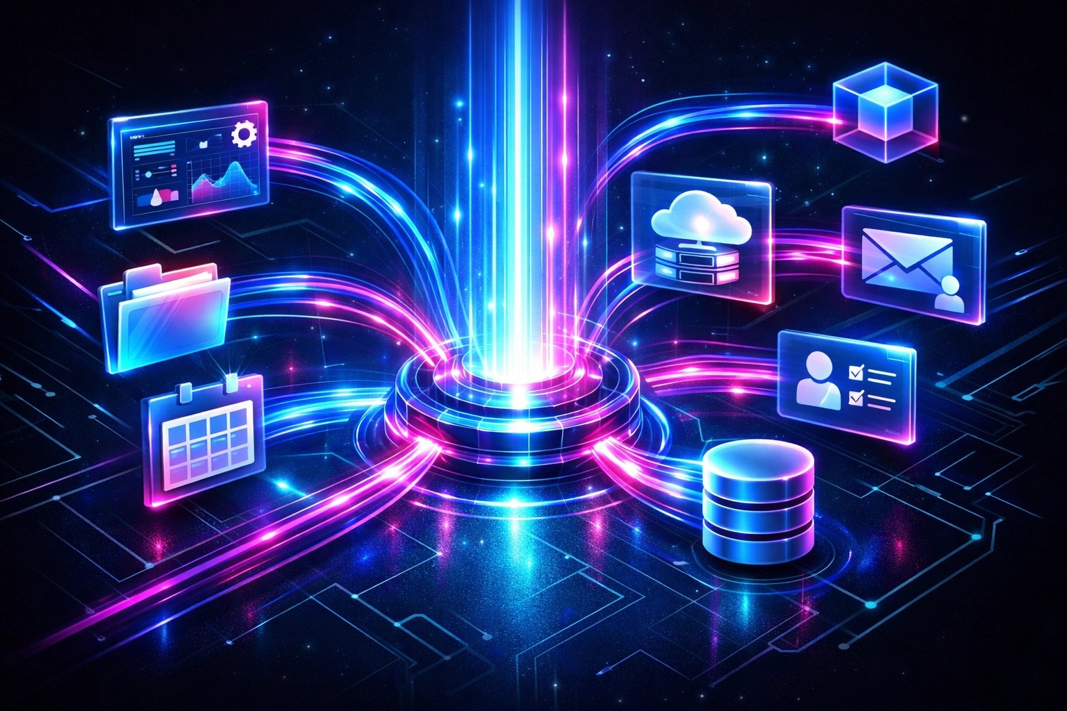 Futuristic digital hub orchestrating automated user offboarding and access removal across a SaaS ecosystem.