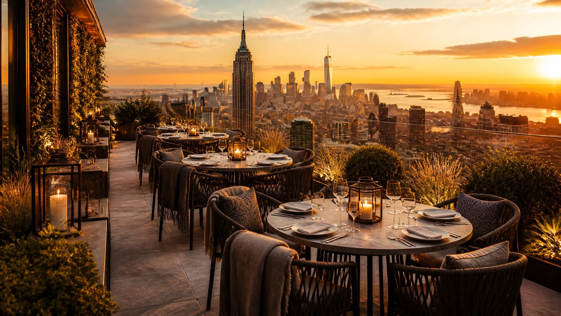 Elegant NYC rooftop dining scene with refined tablescapes, warm sunset glow, and sweeping skyline views