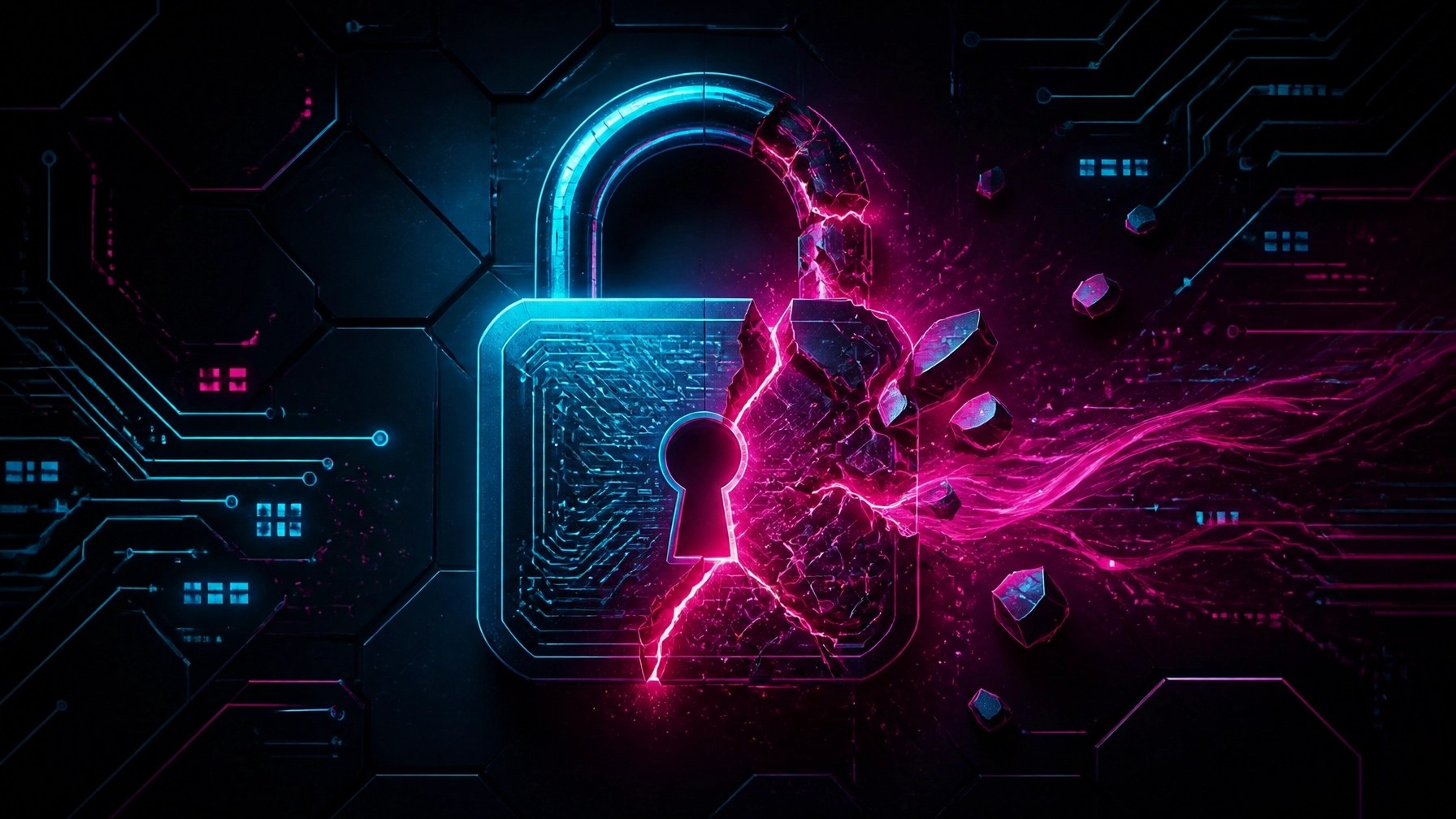 A futuristic digital padlock that is partially fractured, representing a security control gap or offboarding failure.