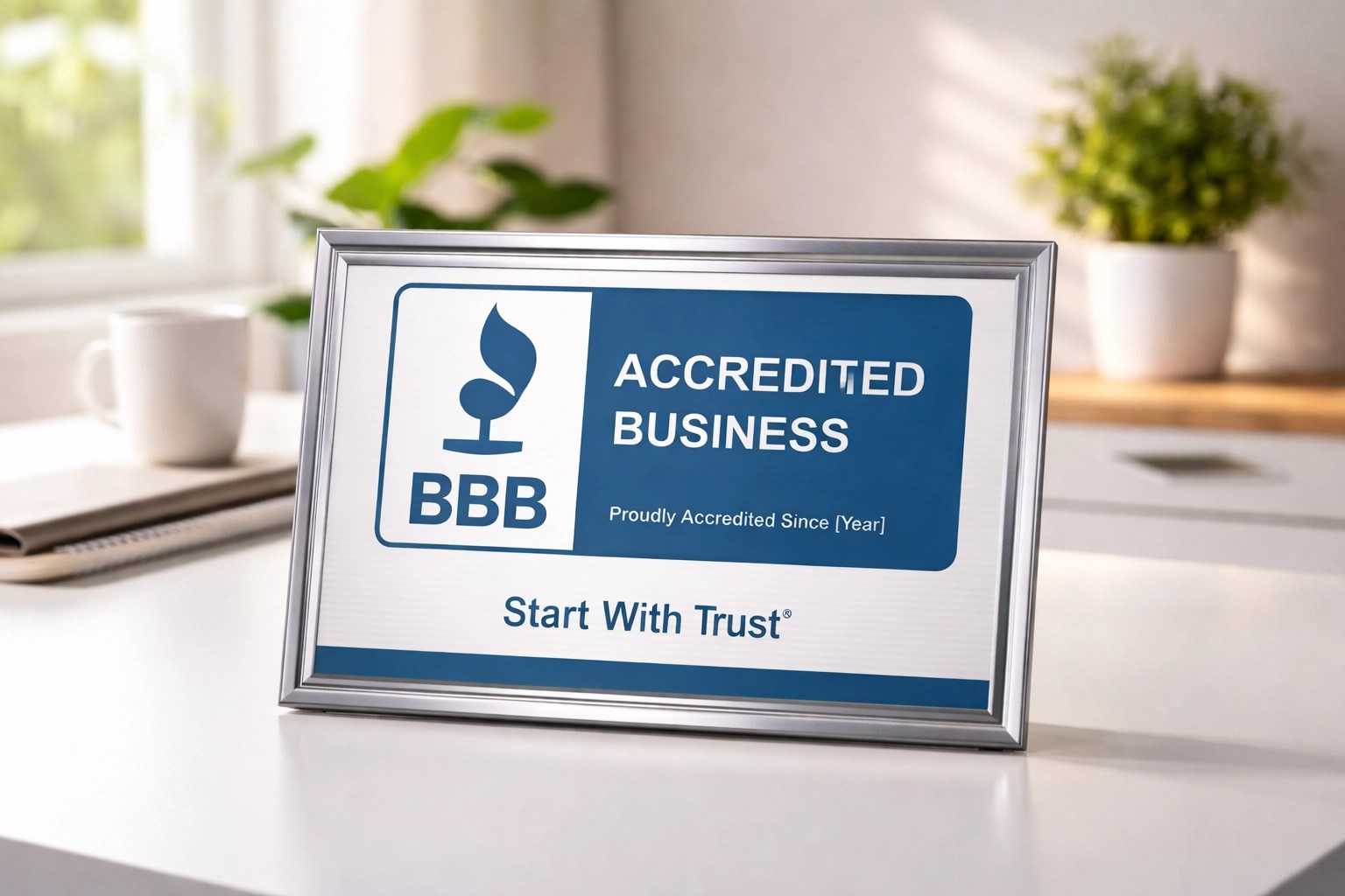 BBB Accreditation certificate on a desk representing trust and professionalism in Port St. Lucie painting services