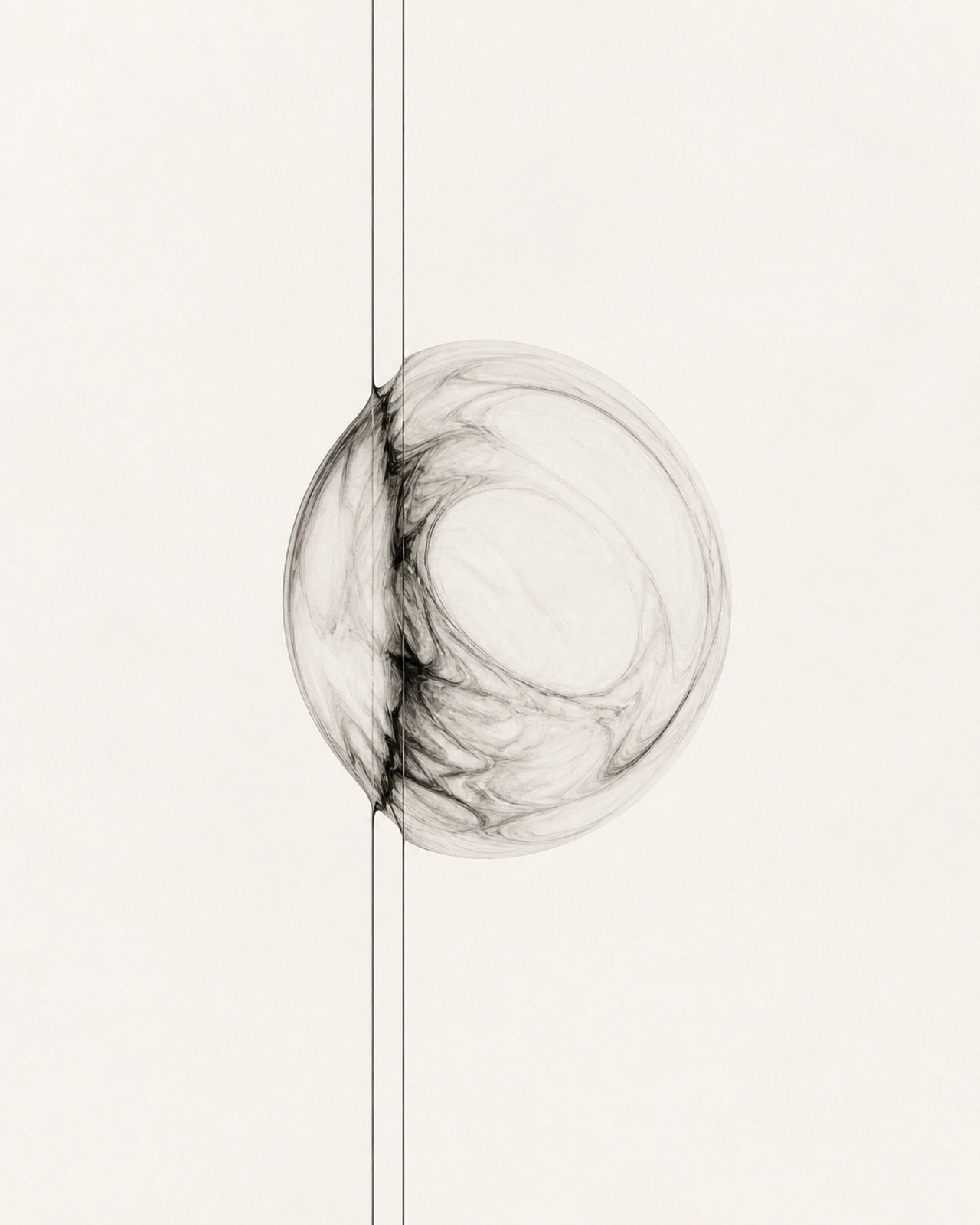 An editorial-style graphic showing a symbolic boundary between two realms. Two elegant, thin parallel lines in dark gray on a soft off-white background.