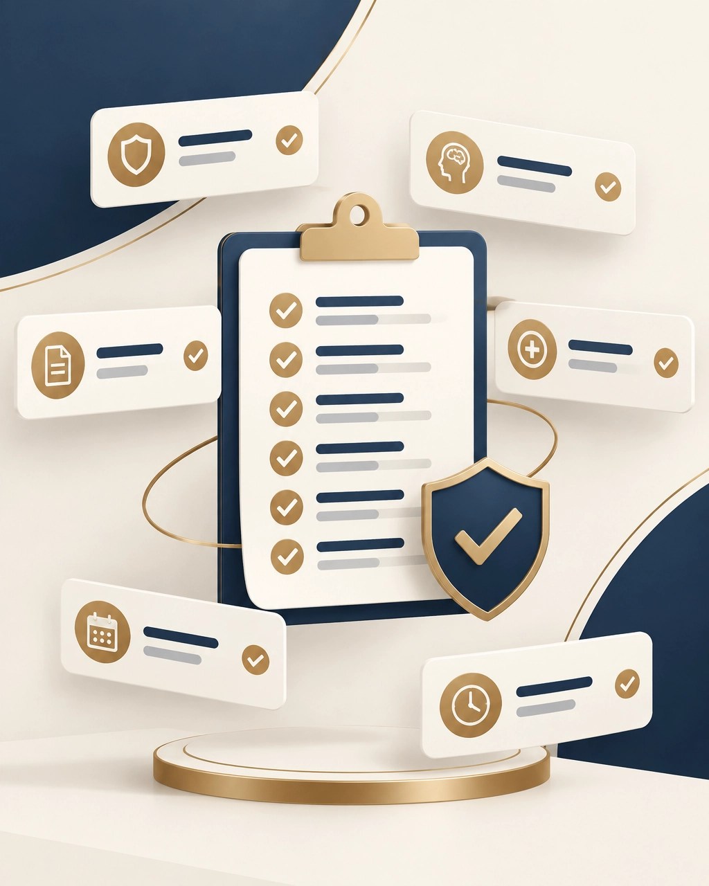 Abstract checklist illustration showing benefit verification, behavioral carve-out review, clinical documentation, CPT codes, and approval status