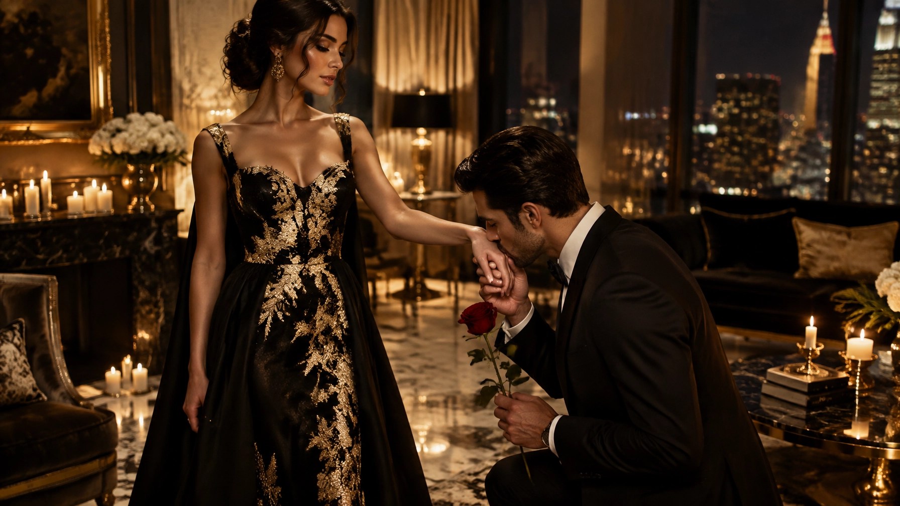 Elegant woman in a black-and-gold gown receiving a red rose as a man kisses her hand, symbolizing feminine energy, manifesting love, and dating advice for women