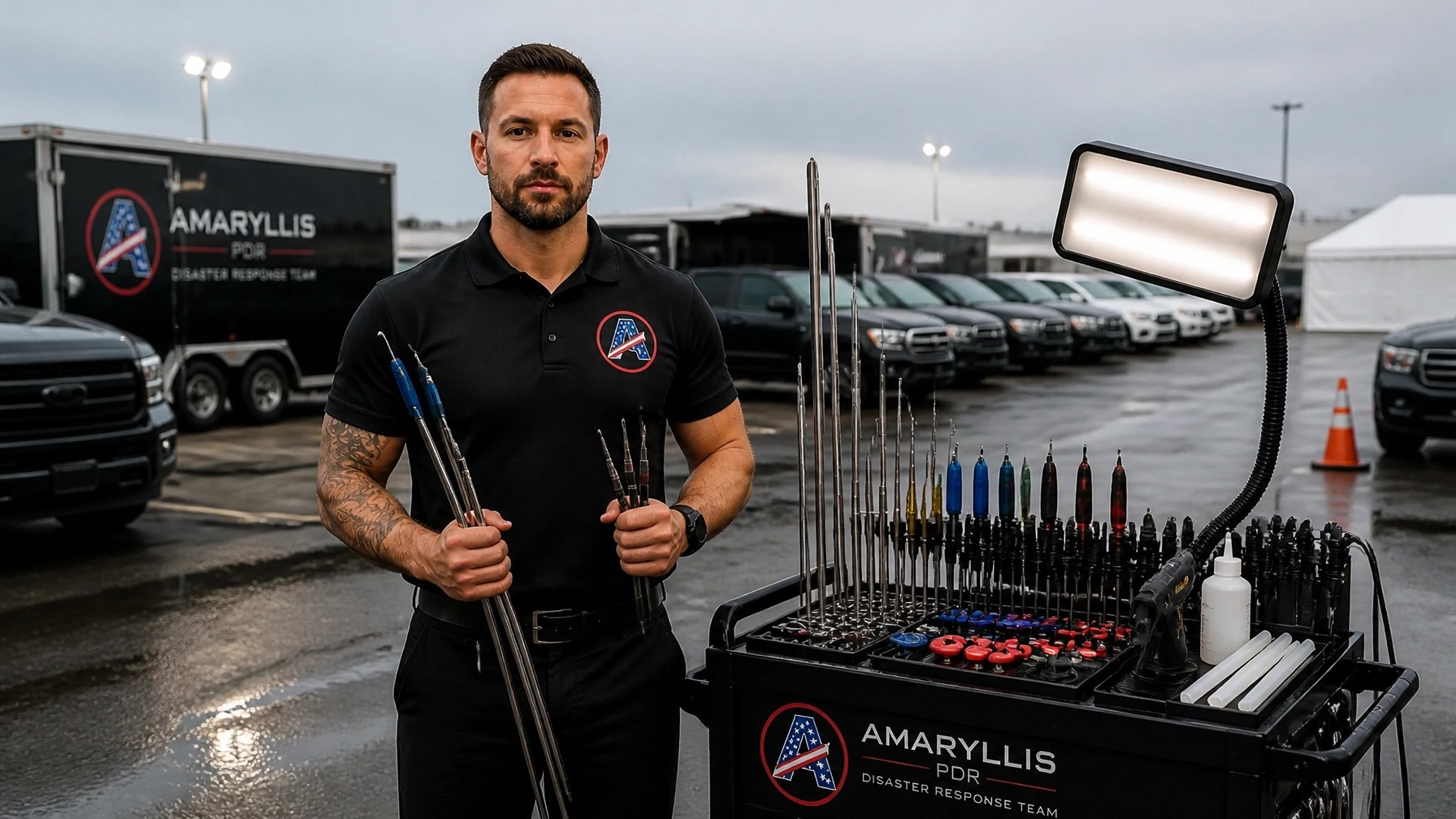 Amaryllis PDR technician standing beside a tool table with specialized tools and Patriot Badge branding.