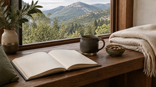 An open book with blank pages, a ceramic cup, a folded cream blanket, and a small bowl on a brown wood bench near a window with mountain greenery outside