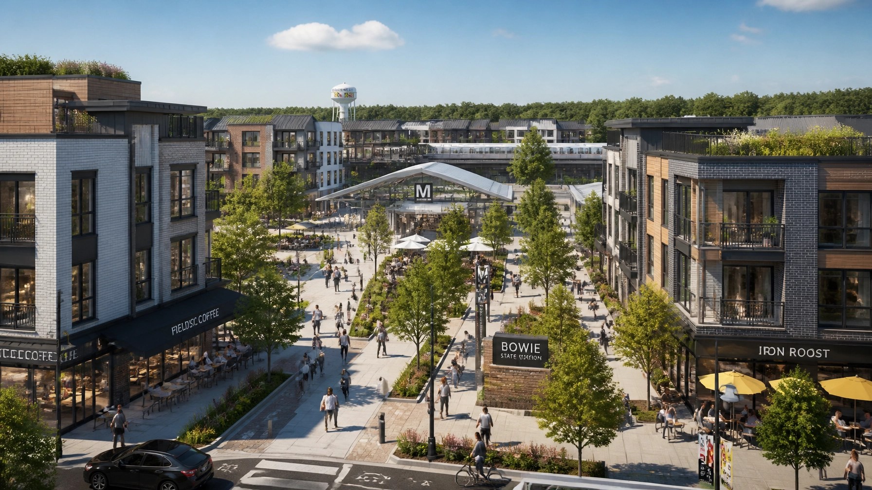 Modern architectural rendering of a Maryland transit-oriented development (TOD)