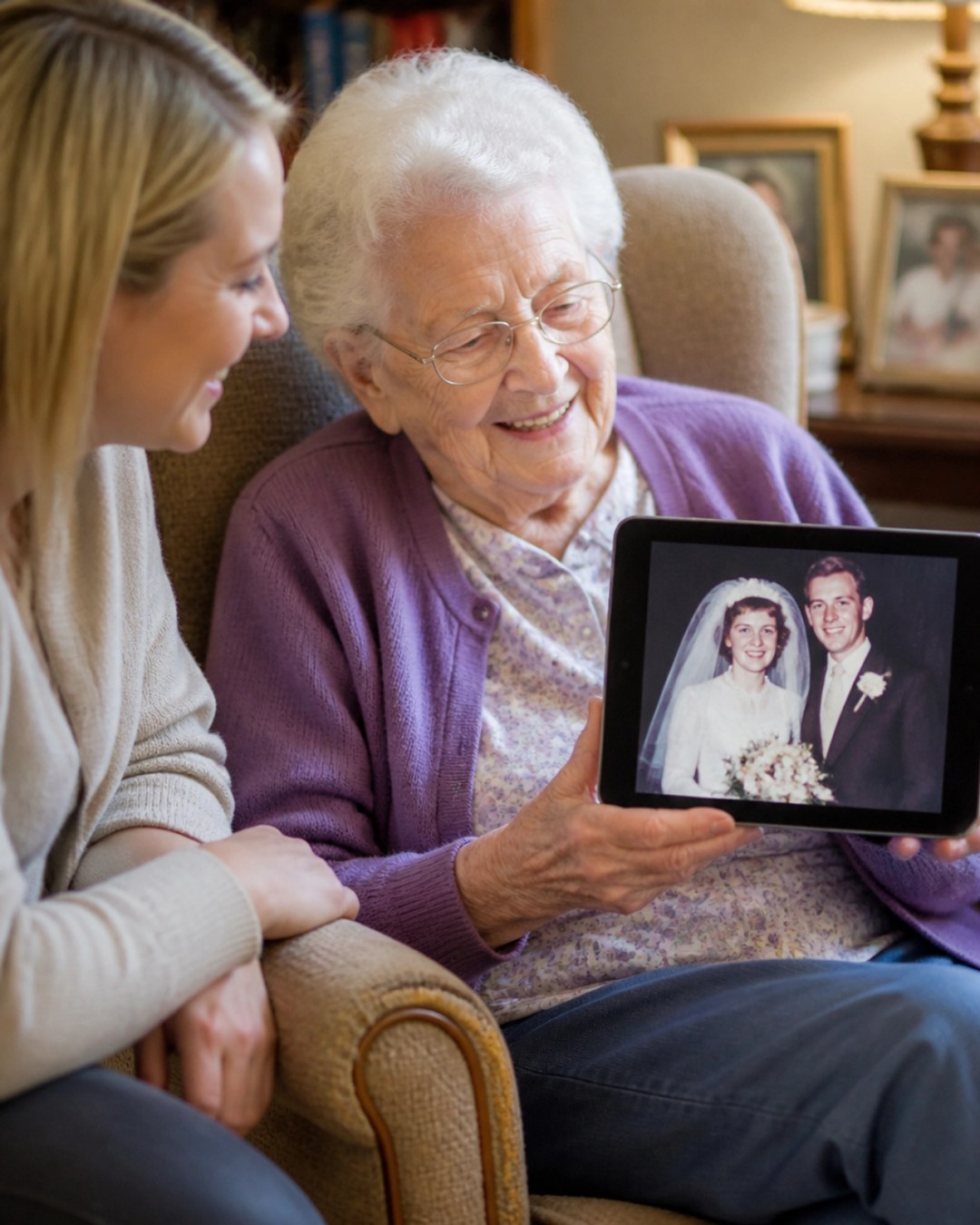 An elderly person and a younger relative sharing a moment while looking at a high-resolution scanned photo on a tablet.