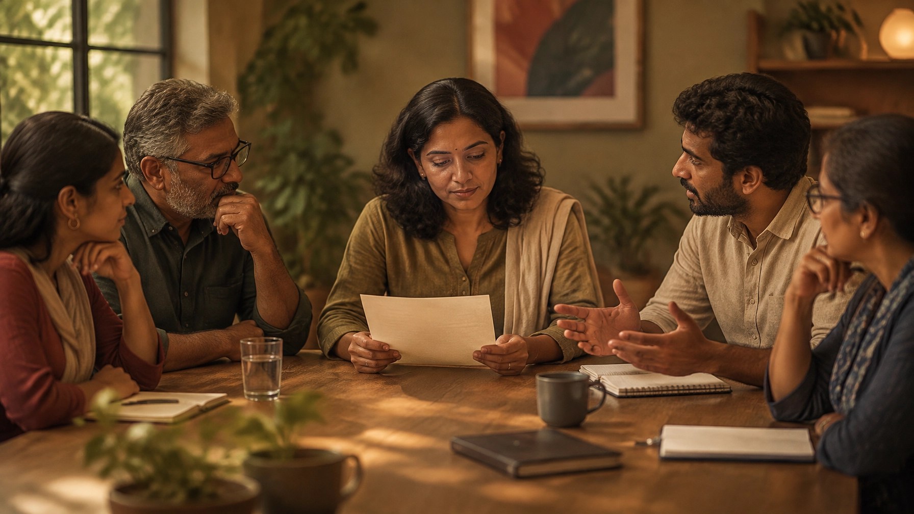 An Indian NGO team discussing a compliance document together