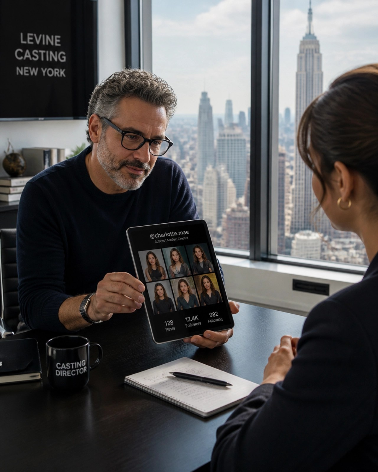 A professional networking scene with a director looking at a digital portfolio