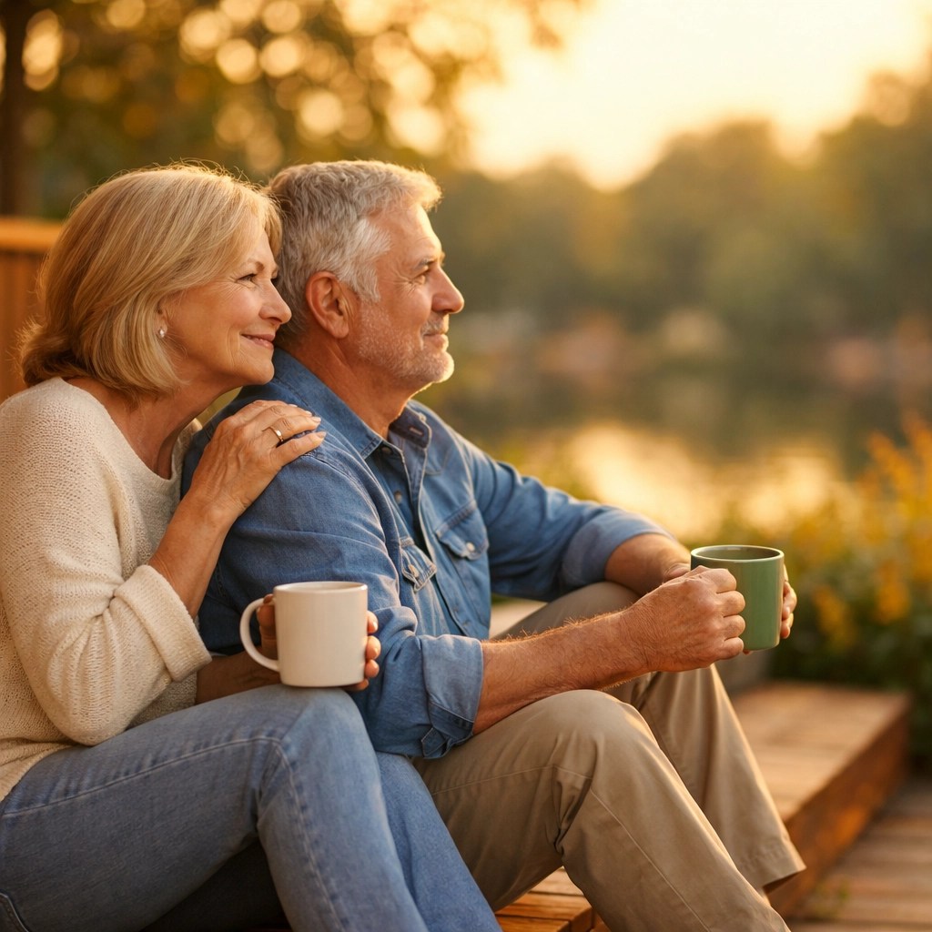 Retired couple enjoying peaceful morning on porch with coffee