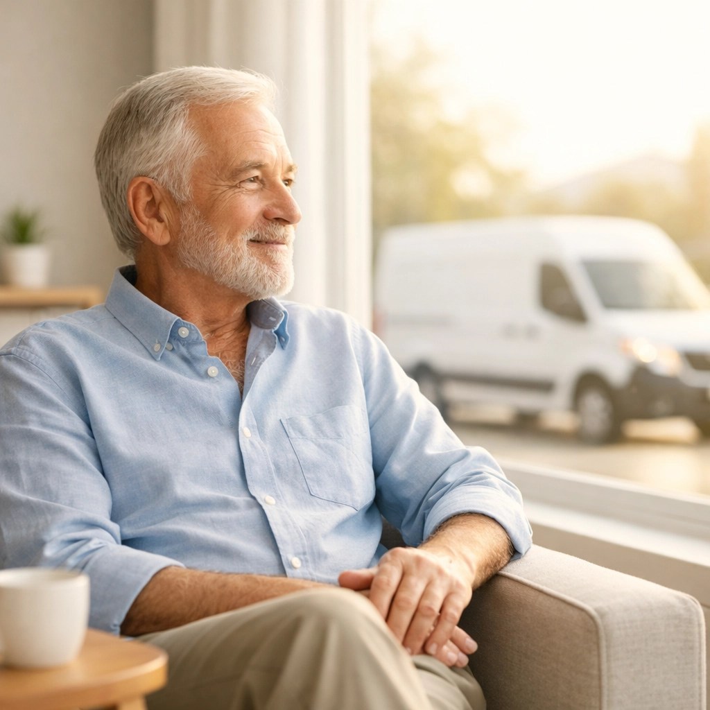 Senior man relieved as a reliable NEMT transport van arrives at his home for an appointment.
