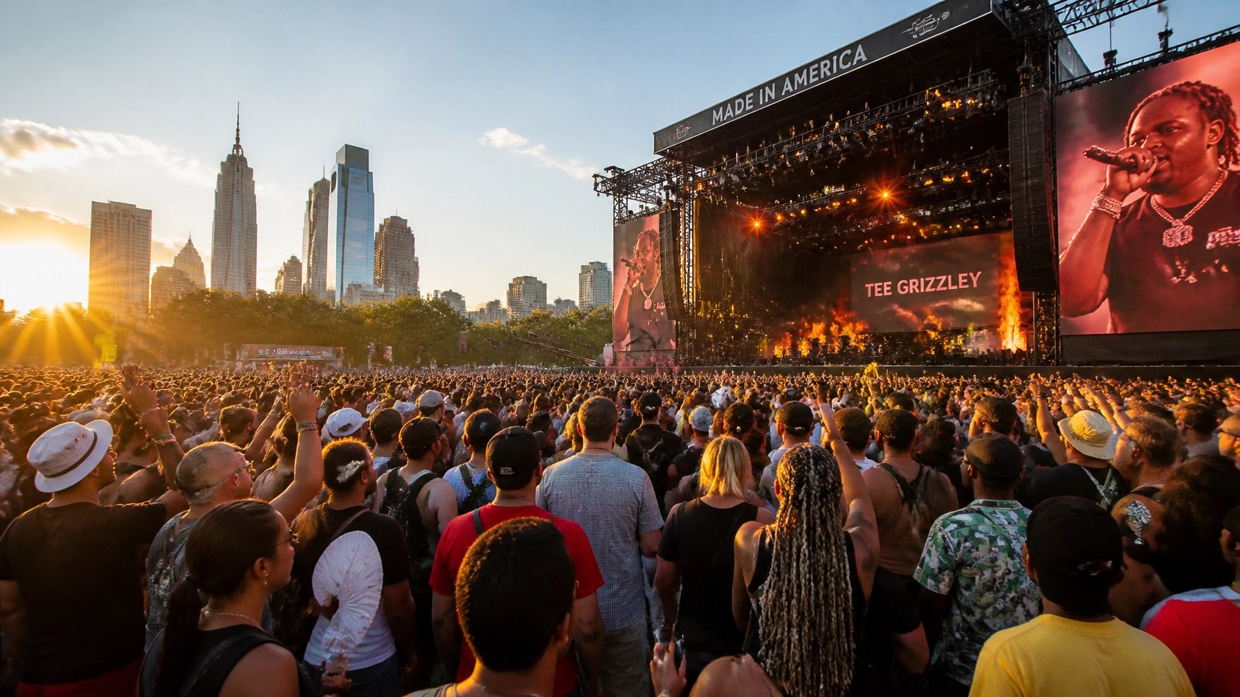 A vibrant outdoor music festival crowd in Philadelphia during the summer. Fans are cheering, a large stage is visible in the background with urban-style visuals, and the sun is setting, creating a warm, golden hour glow over the event.