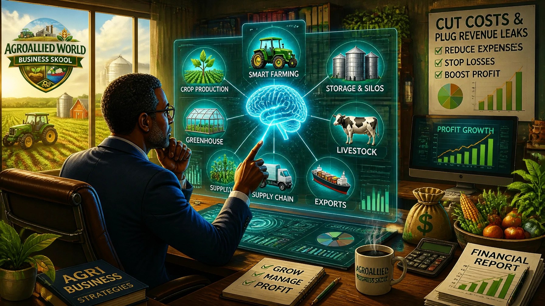 A visionary agro-business owner using a digital brain to manage a high-tech farm and factory.
