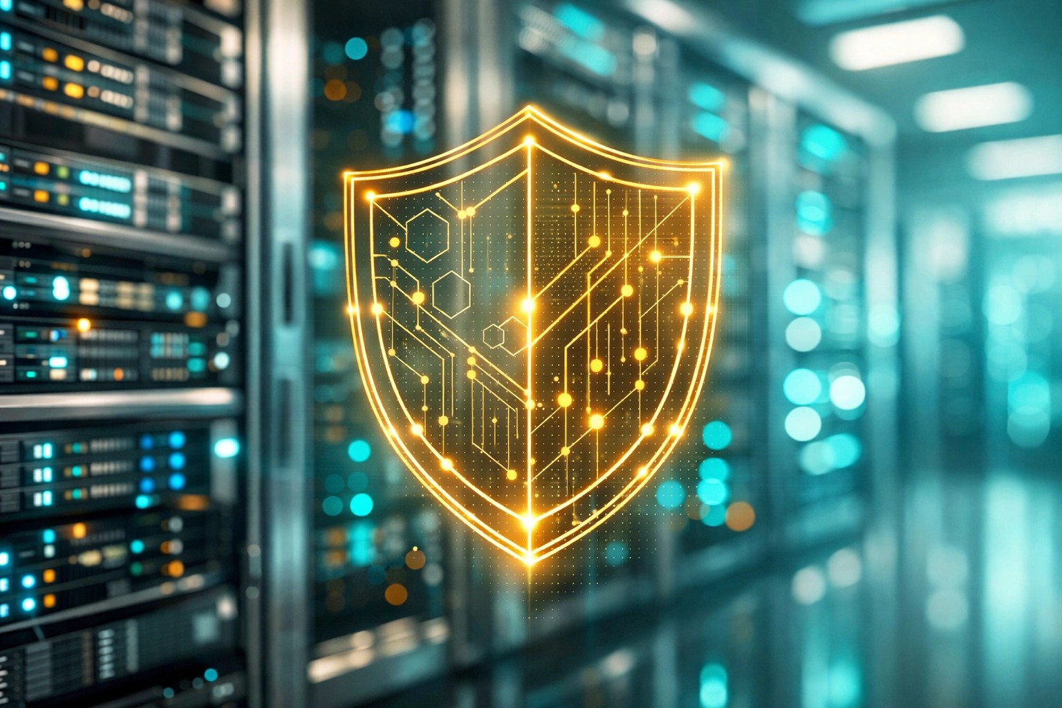 A digital shield protecting servers, symbolizing security in public sector modernization and campaign finance systems.