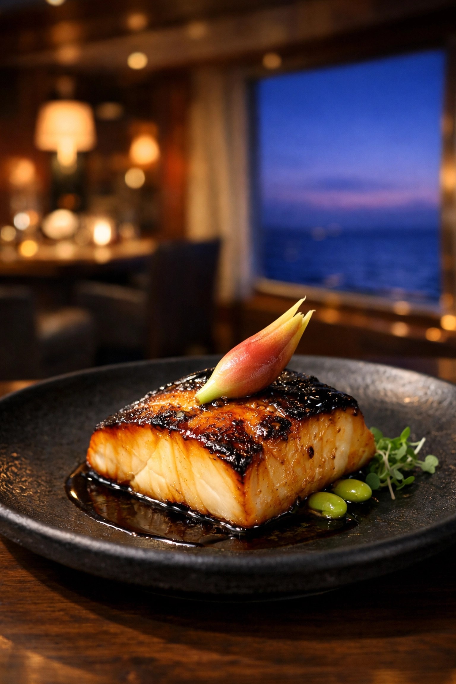 Signature gourmet dish served in an elegant dining venue on a luxury Mediterranean cruise.