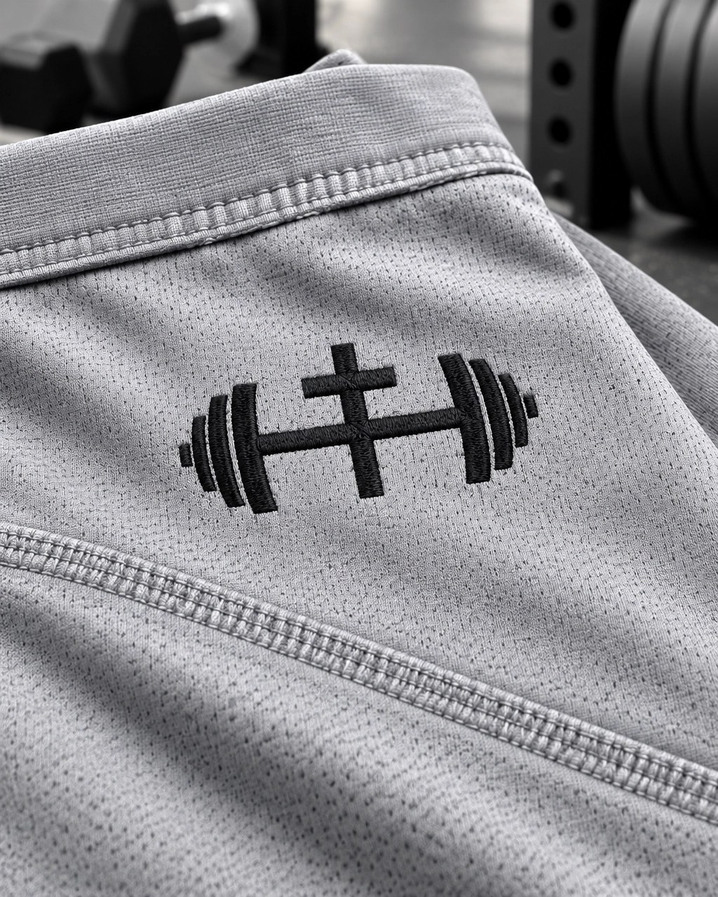 Close-up of technical performance fabric showing a flatlock seam, reinforced stitching, and a legible barbell-and-cross mark