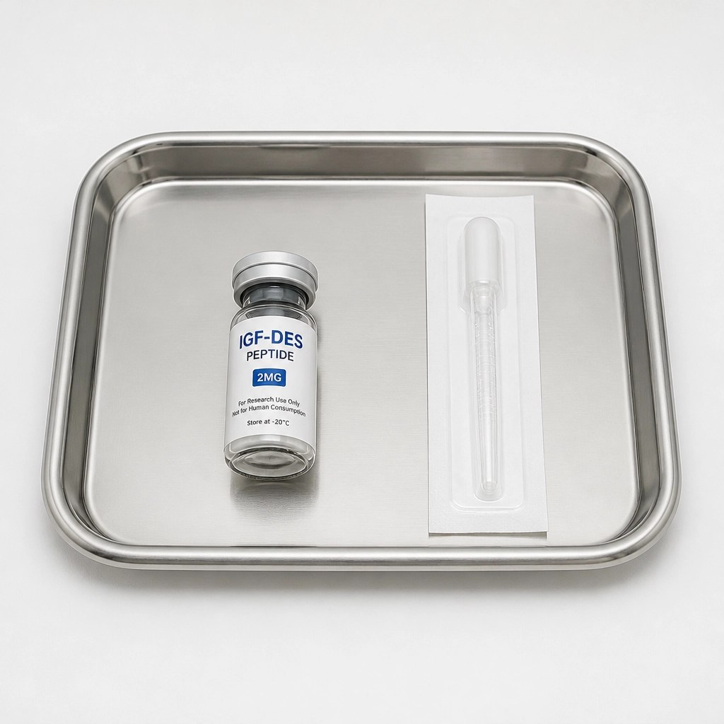 Clinical medical tray with IGF-DES vial and sterile tools