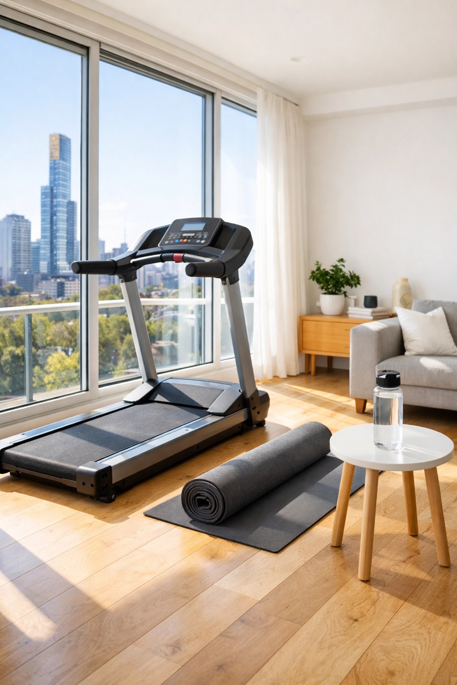 Modern home gym with treadmill in sunlit Melbourne apartment living room