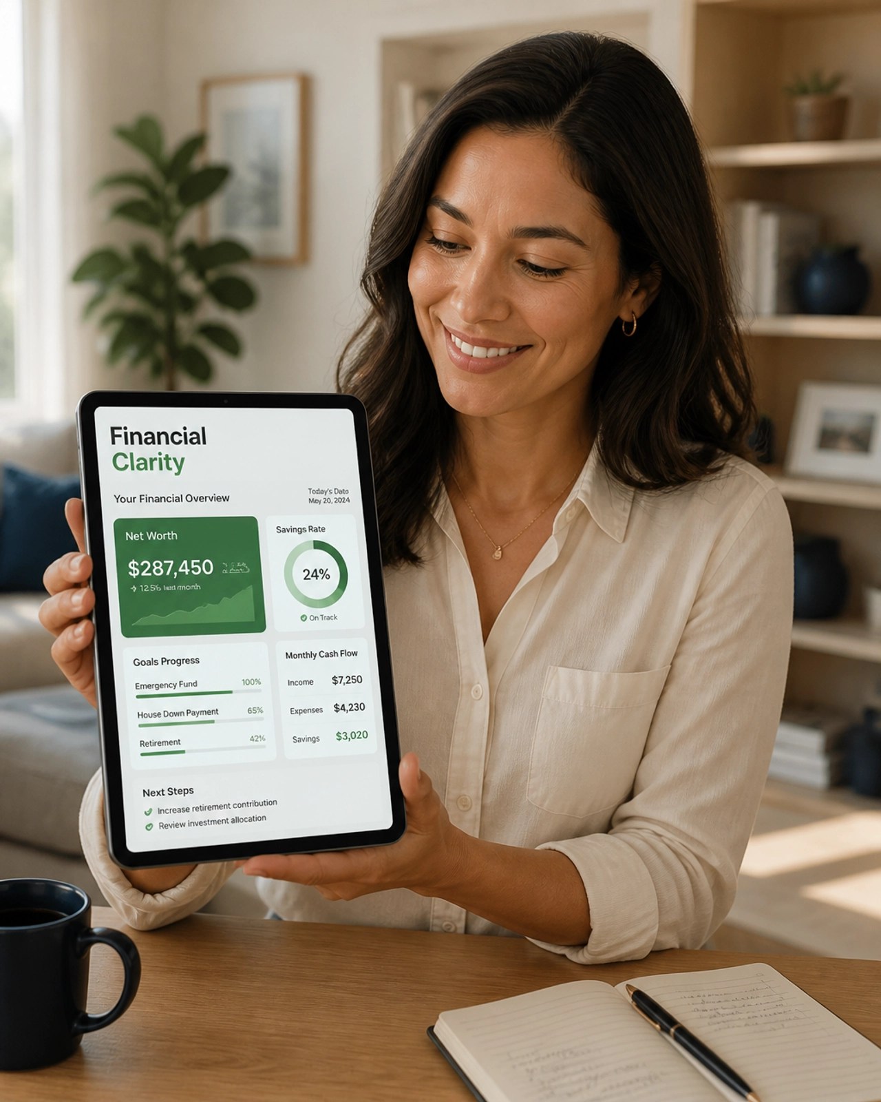 A professional person looking at a financial clarity dashboard with a sense of relief