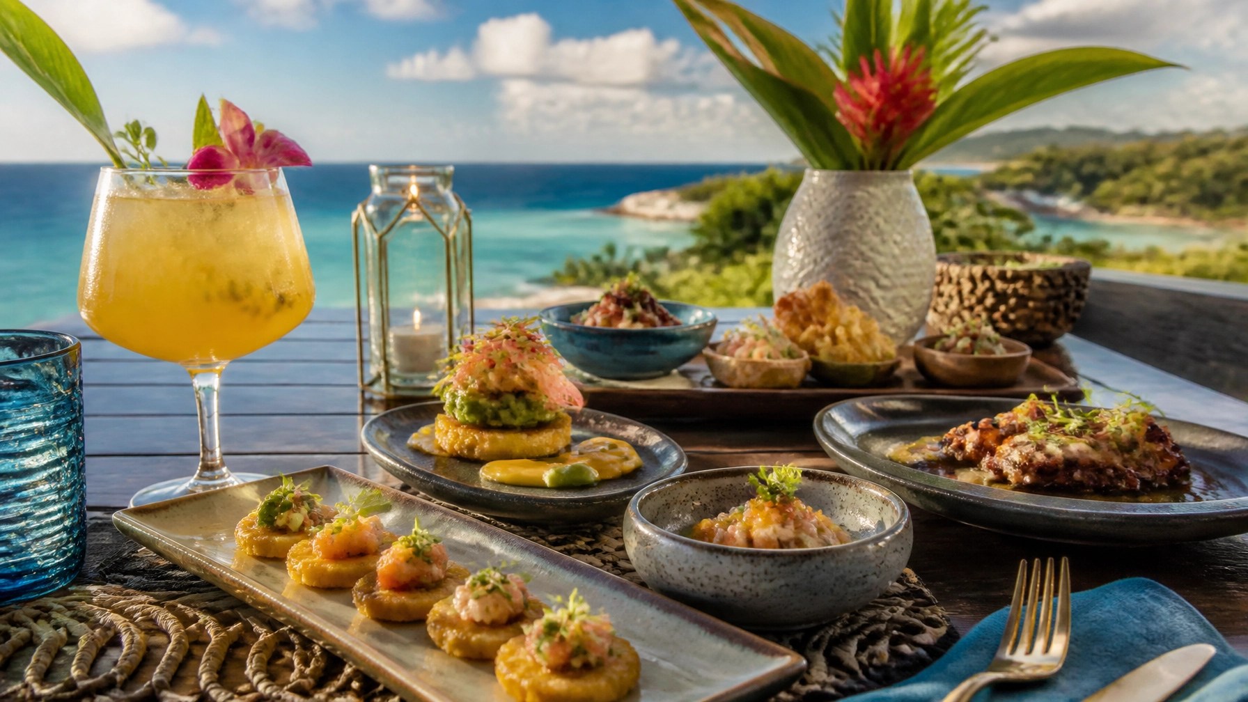 Gourmet Caribbean tapas and a tropical cocktail at the luxury Curaçao Marriott Beach Resort outdoor lounge.