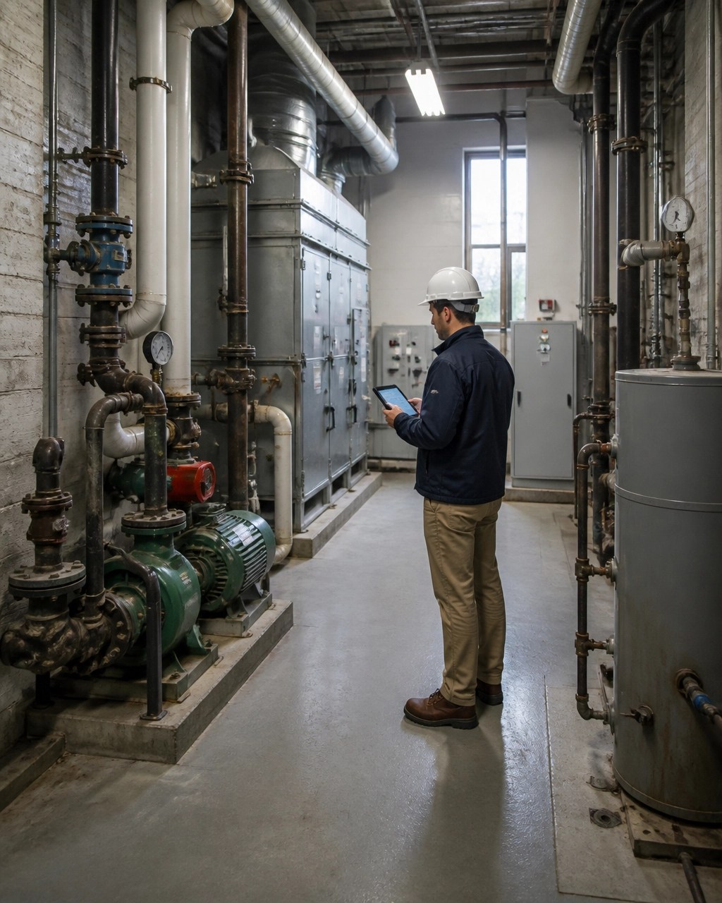 Engineer reviewing commercial building mechanical systems during a property condition assessment