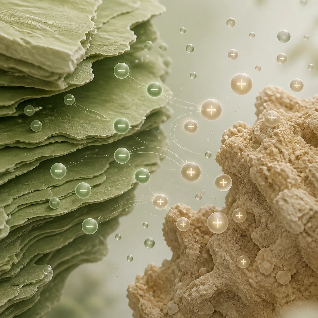 Ionic charge and mineral particles abstract illustration