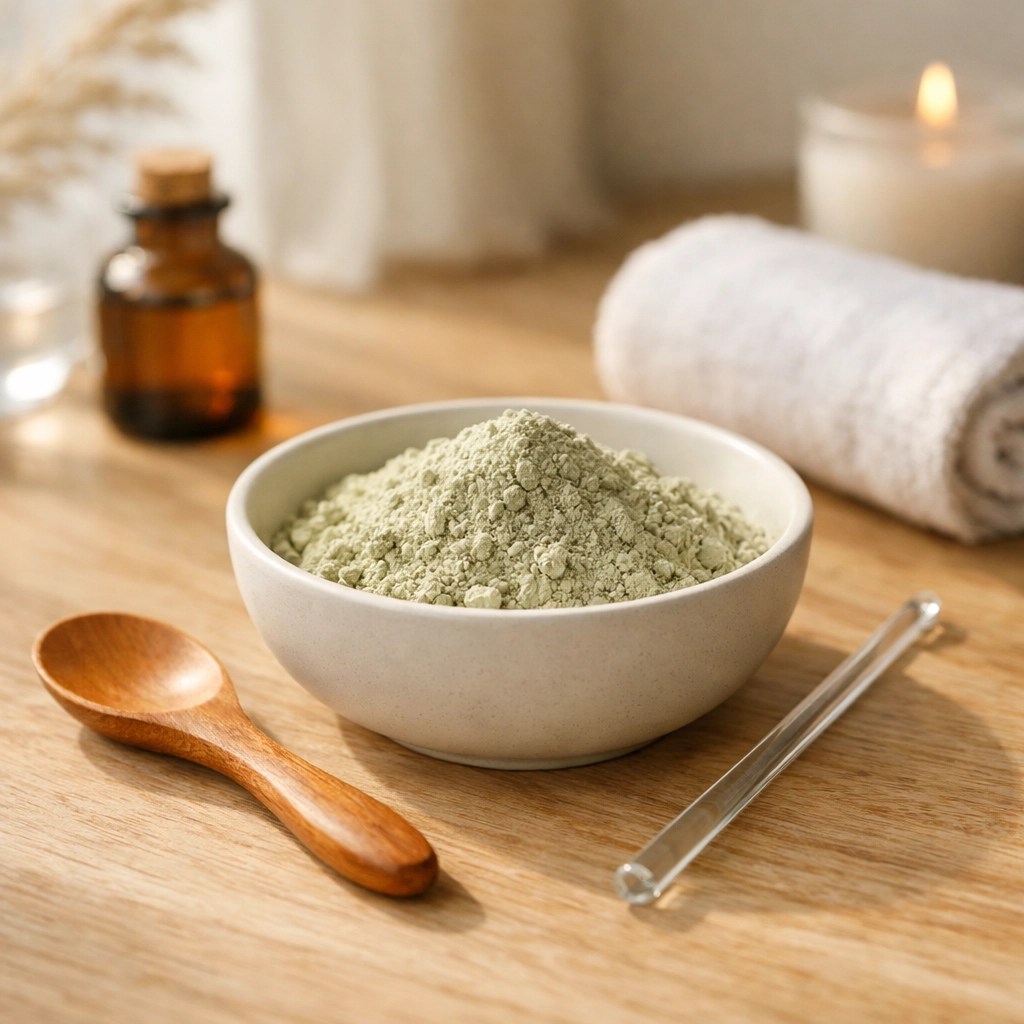 Fine green food grade clay in a ceramic bowl with a wooden spoon for natural detox preparation.
