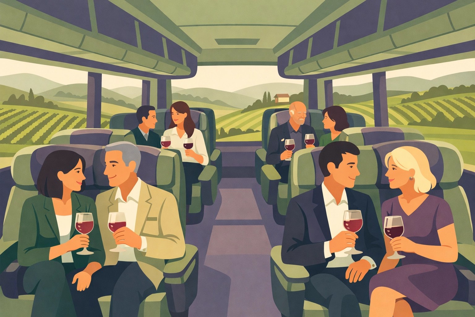 Luxury bus interior for corporate wine tours with professionals networking in Virginia wine country