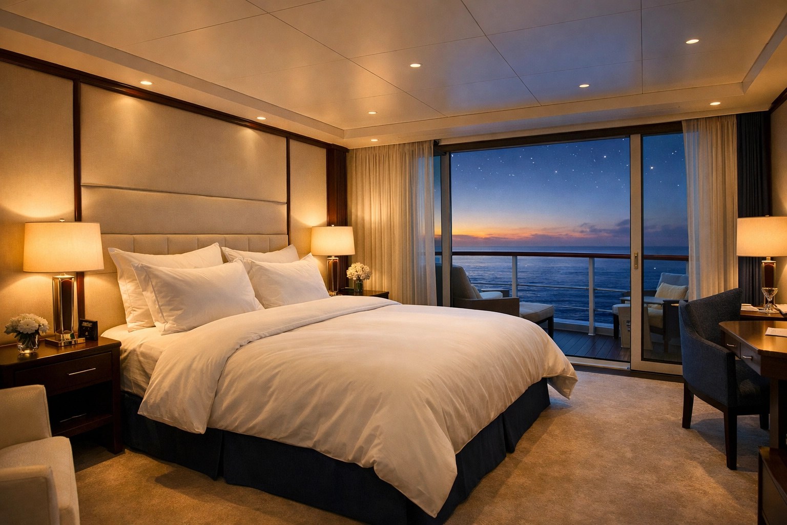 Luxury cruise suite bedroom with ocean view at twilight showcasing sleep tourism comfort