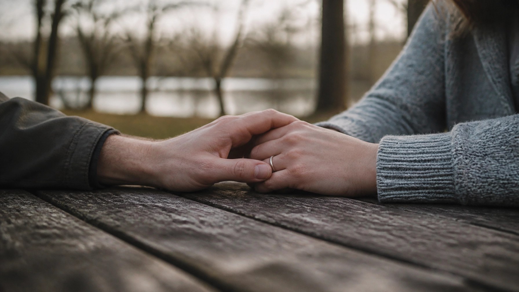 A close-up of hands offering a supportive touch on a rustic table.