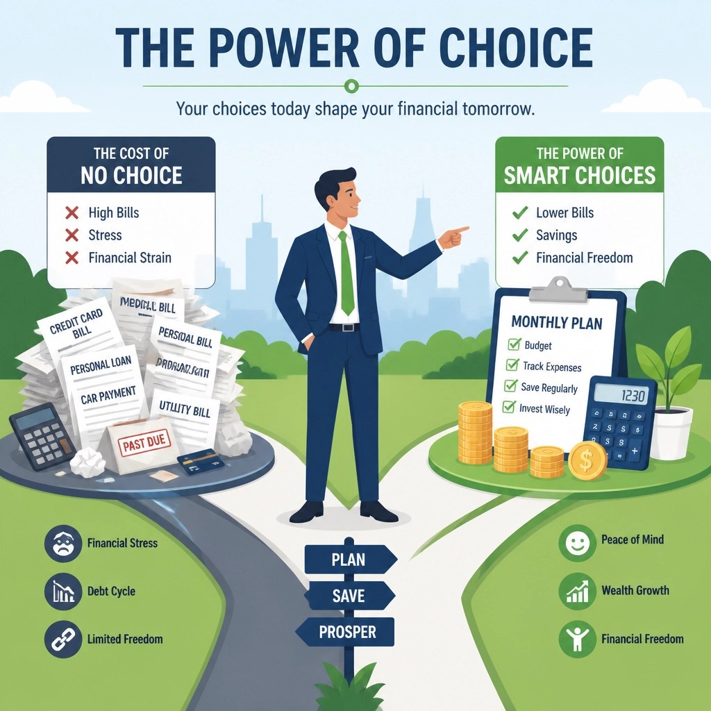 An illustration representing the power of financial choice and organized bills.