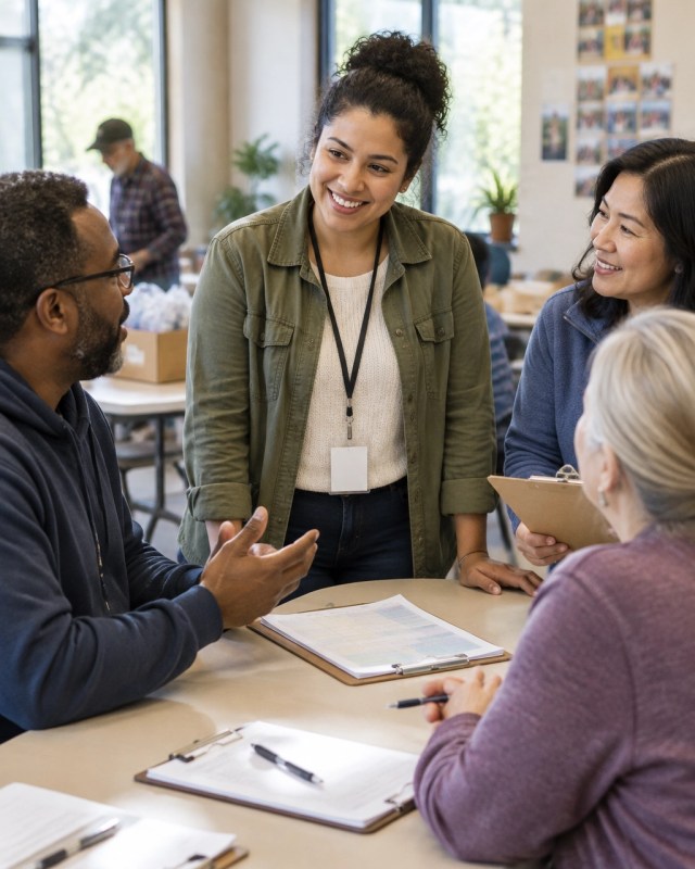 A volunteer coordinator talks with volunteers at a community center.