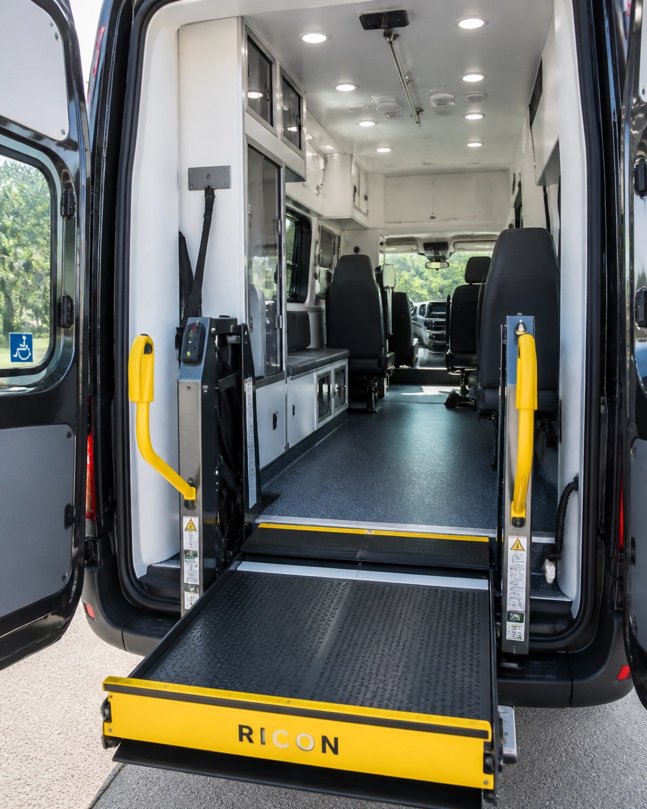 A modern wheelchair-accessible interior of a medical transport van
