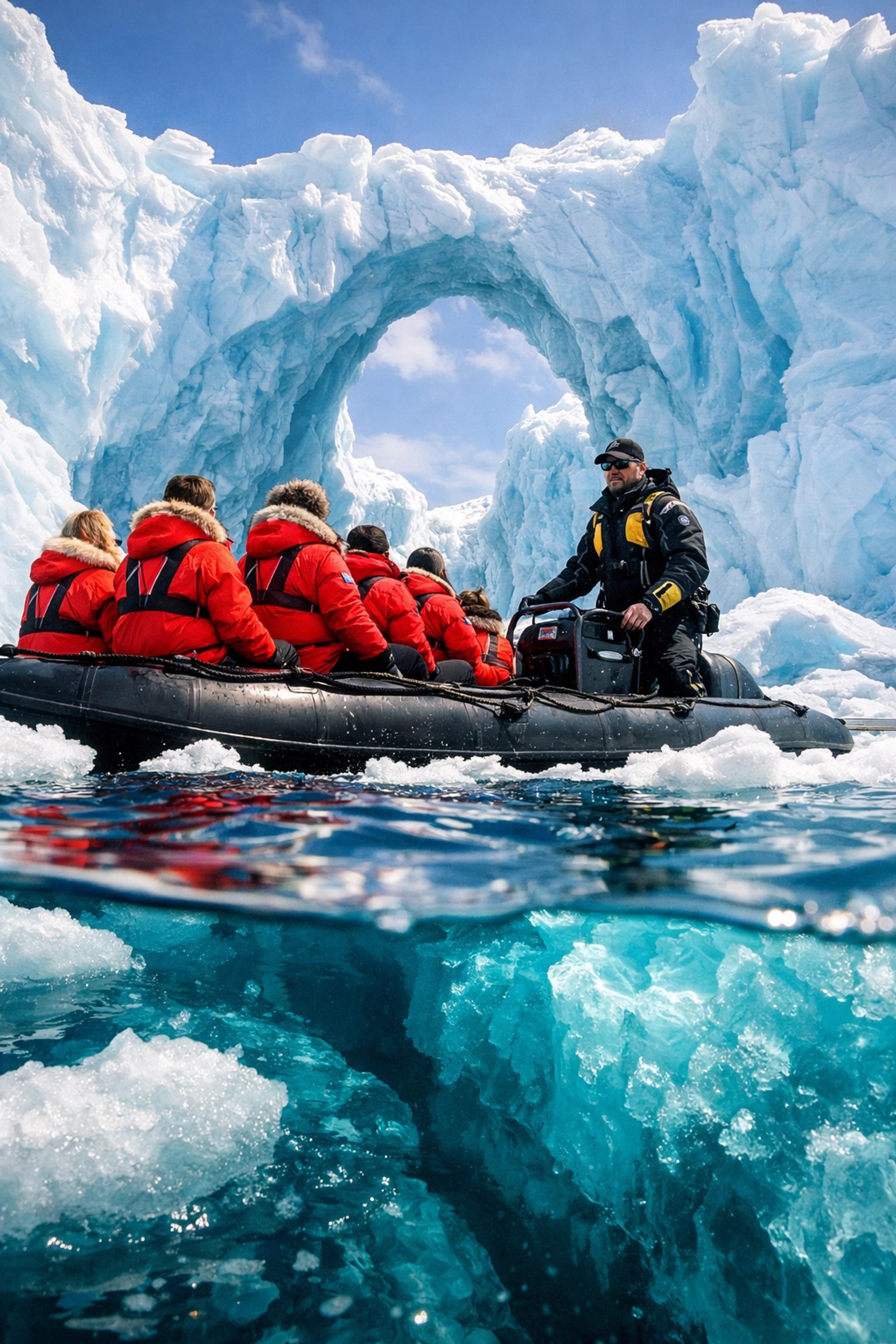 Travelers on a Zodiac boat exploring massive ice arches during a luxury polar expedition.