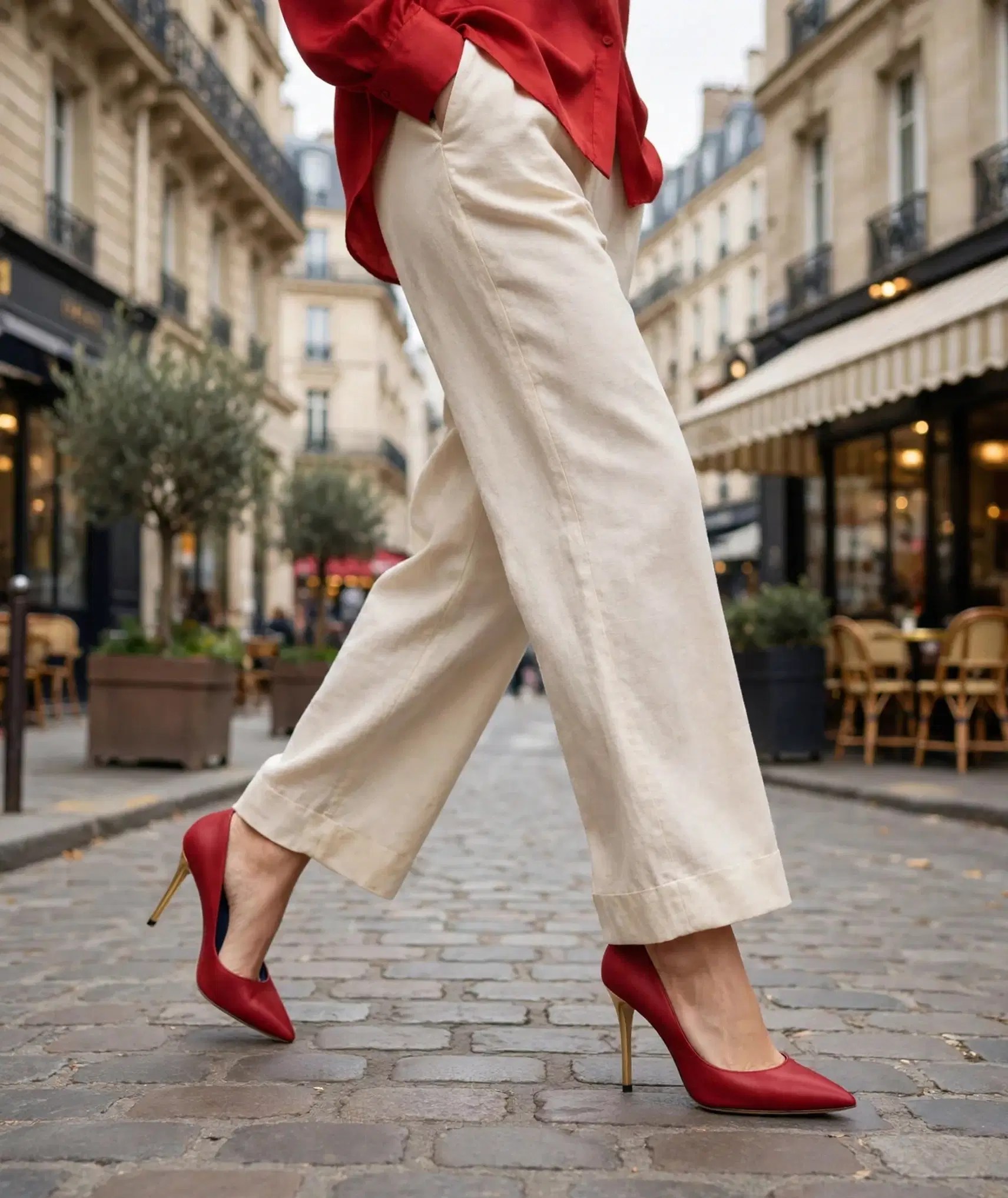 Woman walking through a Paris street in cream linen trousers and bold red Marcella heels