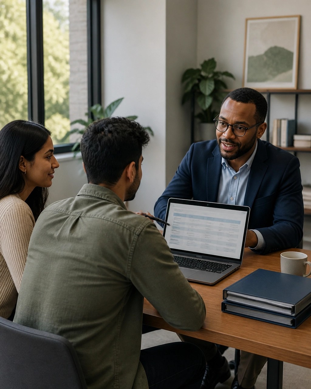 Mortgage broker discussing lender comparisons with a couple in a bright professional office