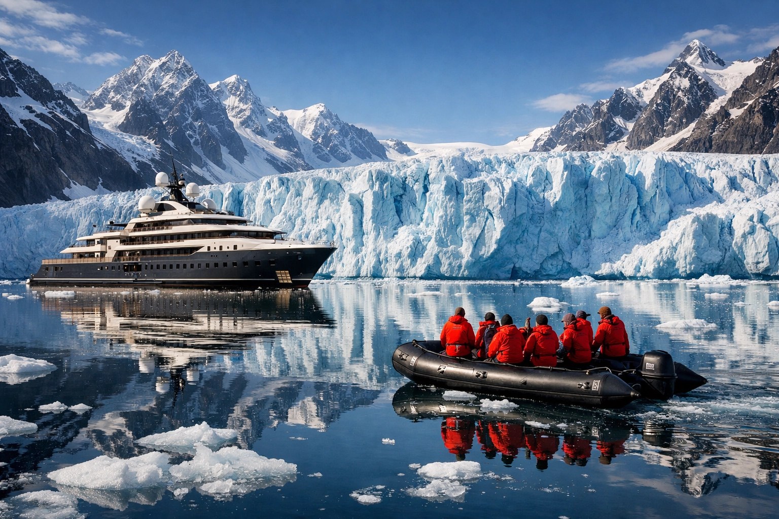 Luxury expedition cruise ship and Zodiac boat excursion near a massive sapphire-blue glacier in Alaska.