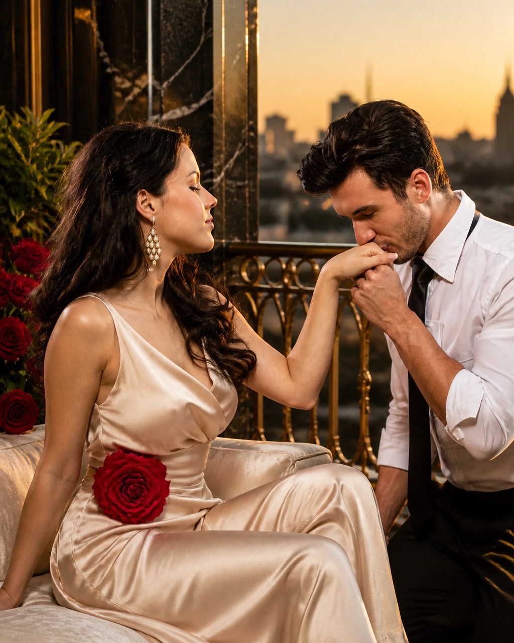Radiant woman receiving admiration from a supportive man on a luxury balcony with red roses