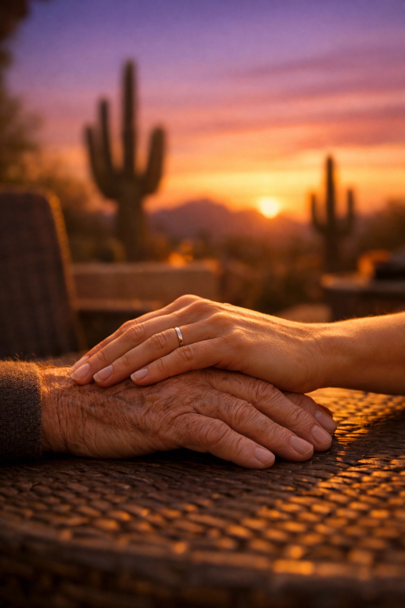 Supportive hands of a daughter and elderly father representing healthcare directives and family protection.