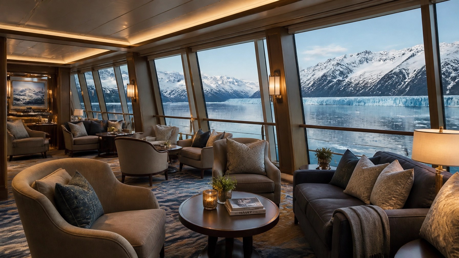 A cozy indoor lounge area on a cruise ship with large windows showing snowy Alaskan scenery and comfortable seating. No people visible.