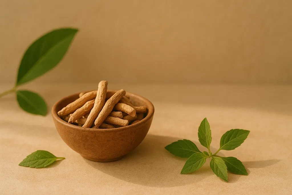 A display of ashwagandha roots and leaves, highlighting the importance of botanical research and standardized herbal knowledge.