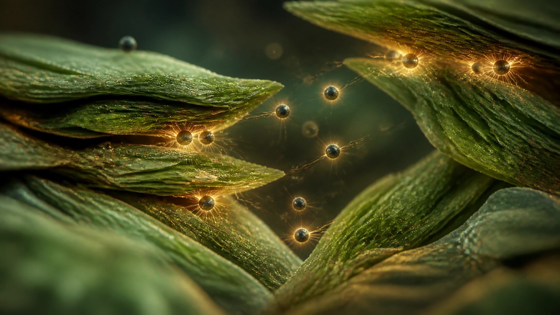 Abstract illustration of clay minerals binding and trapping toxins at a microscopic level