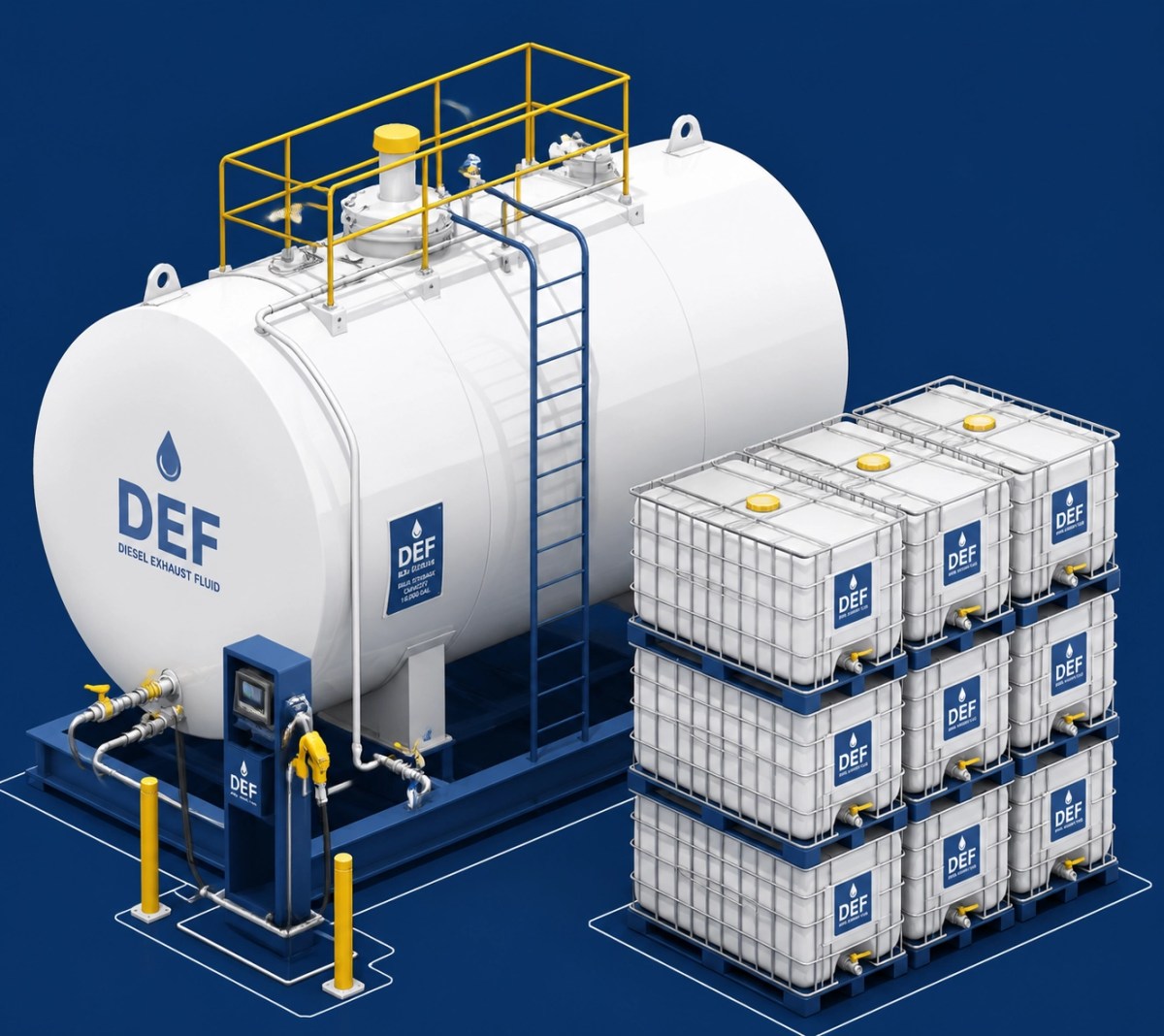 Industrial bulk DEF storage tanks and IBC totes for efficient fleet supply management.
