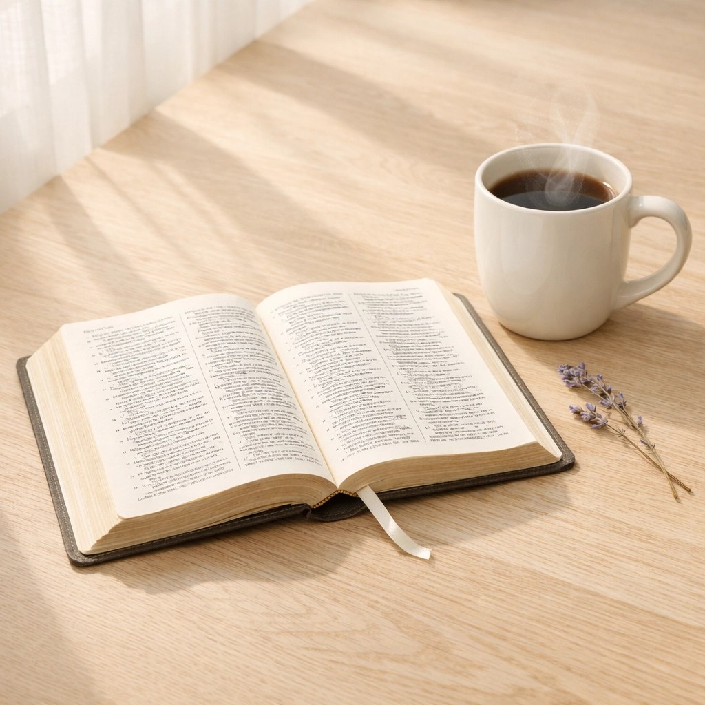 Open Bible and coffee on a sunny table, representing peace in gospel-centered motherhood.