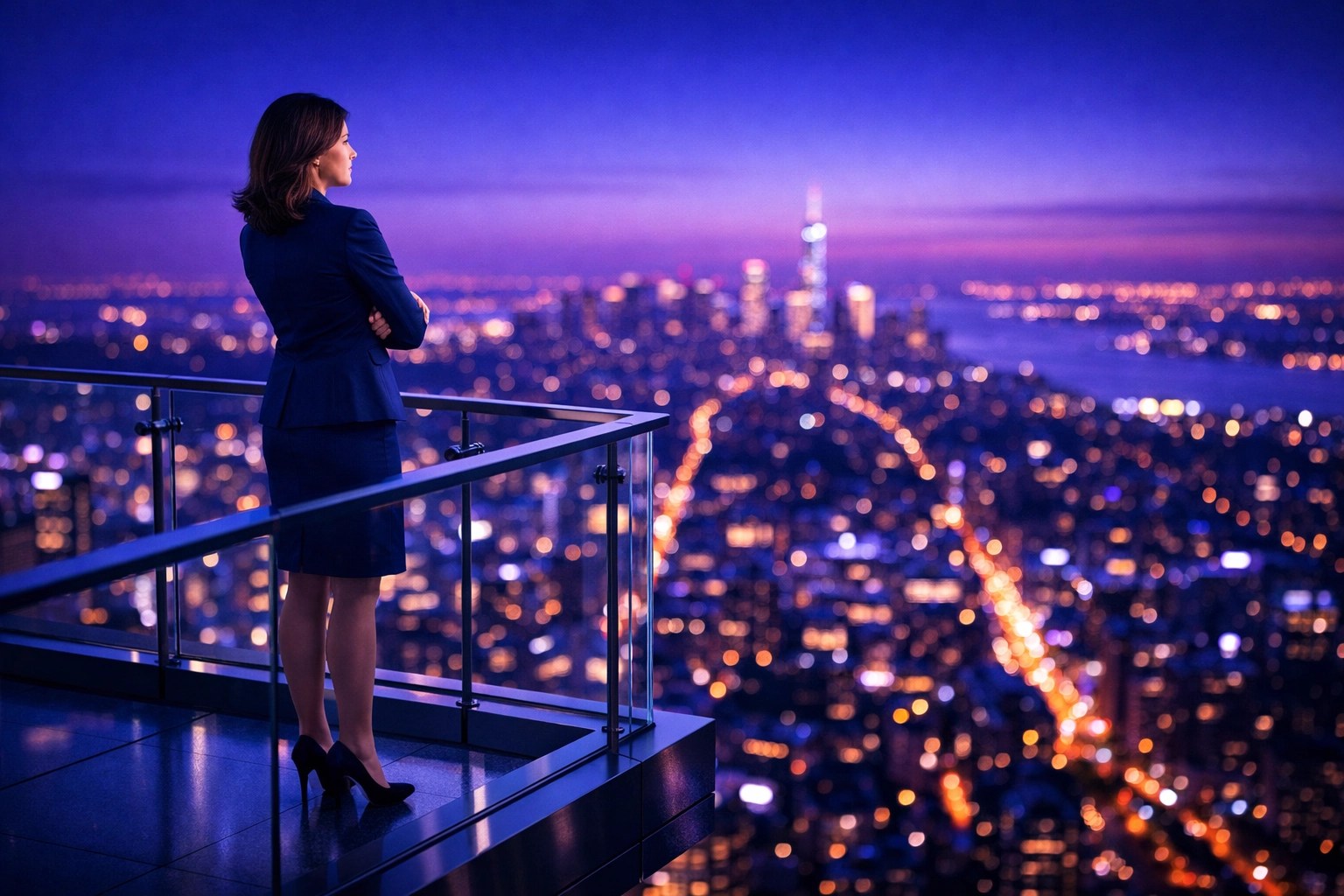 Female executive on a high balcony visualizing strategic leadership patterns and organizational vision.