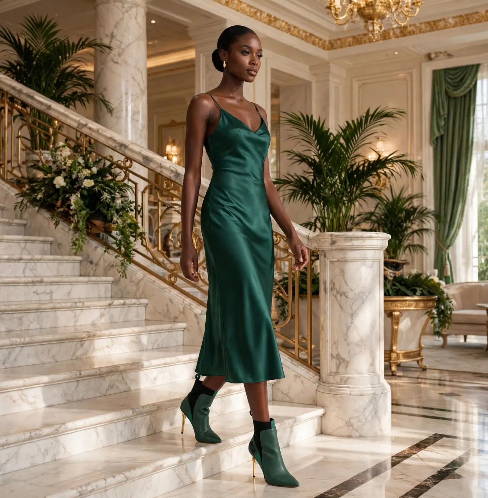Woman descending an emerald marble staircase in Italian-made green stiletto boots