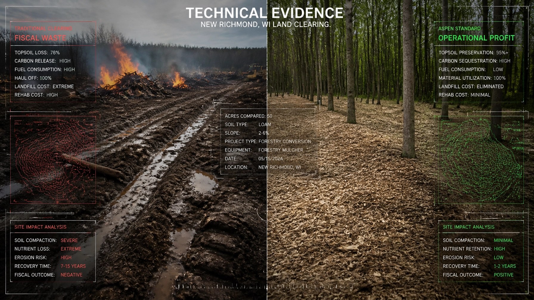 A split-screen 'Technical Evidence' shot. Left: Traditional clearing with deep ruts and burning debris. Right: The Aspen Standard forestry mulching with clean mulch and preserved trees. ATR CAD overlays showing 'FISCAL WASTE' vs 'OPERATIONAL PROFIT'. Localized: New Richmond WI Land Clearing.