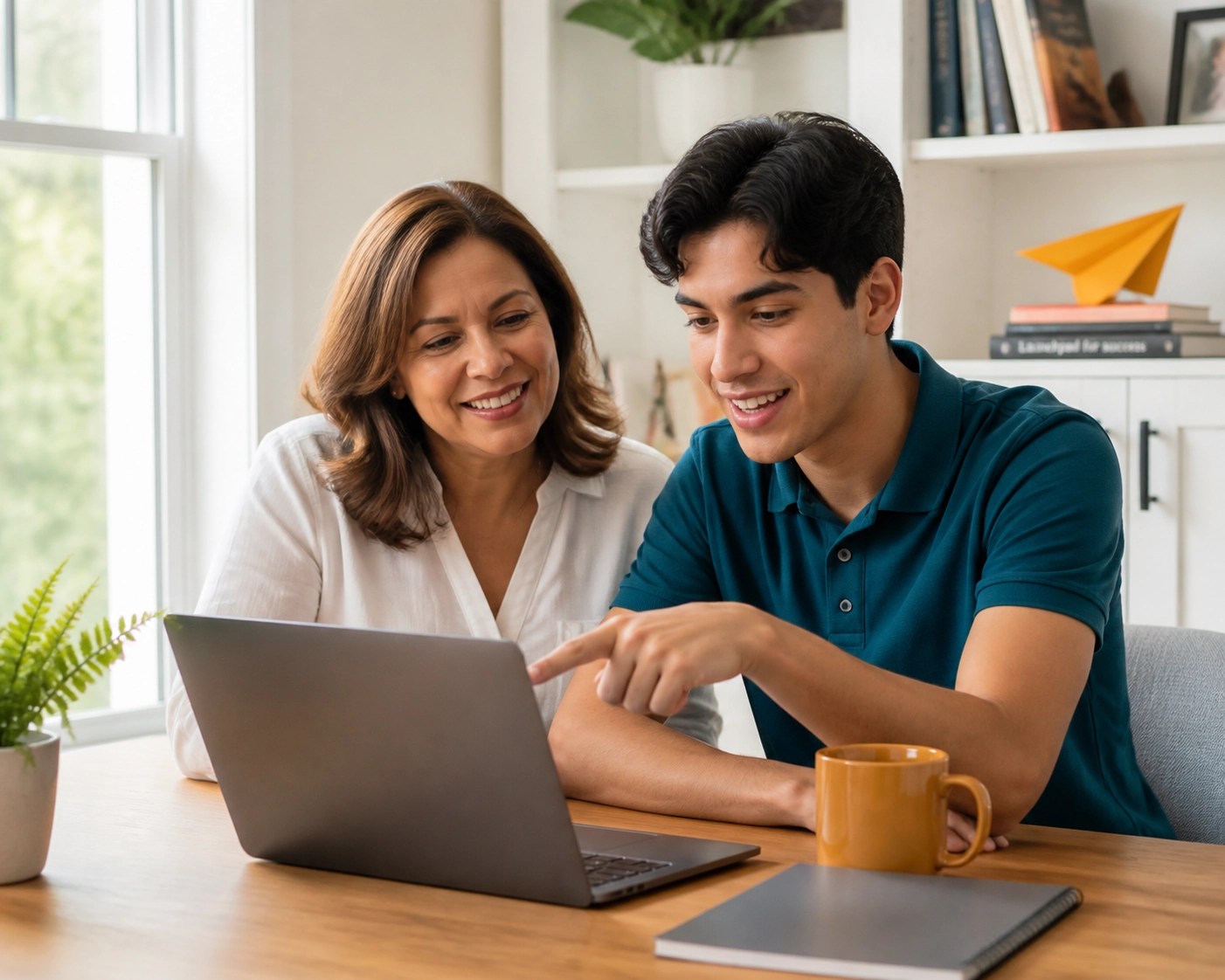 A student and parent work together on a laptop to complete the new FAFSA ID check and financial aid form.