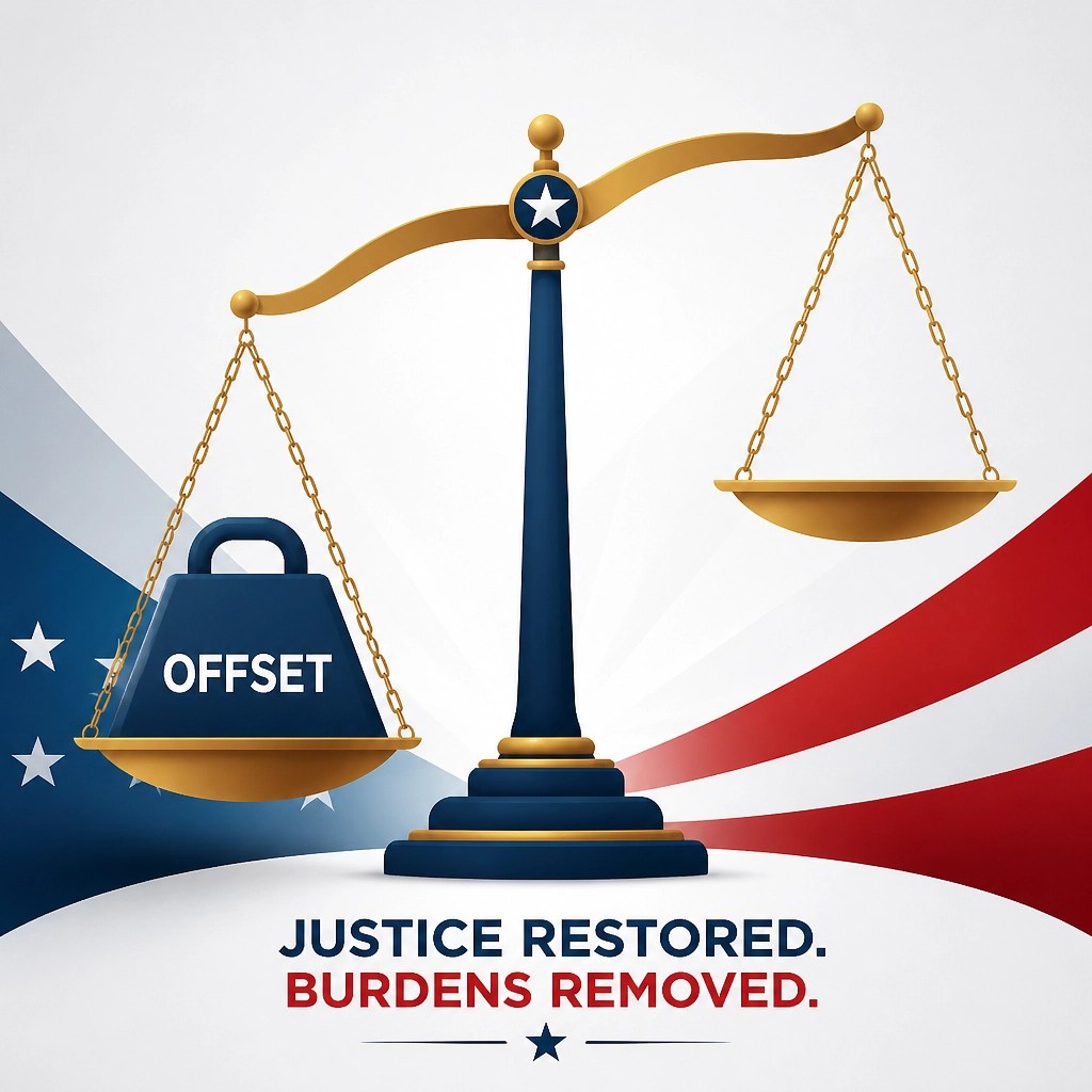 A conceptual graphic of a balance scale lifting the weight of an 'OFFSET' burden, symbolizing the fight for fairness for veterans.