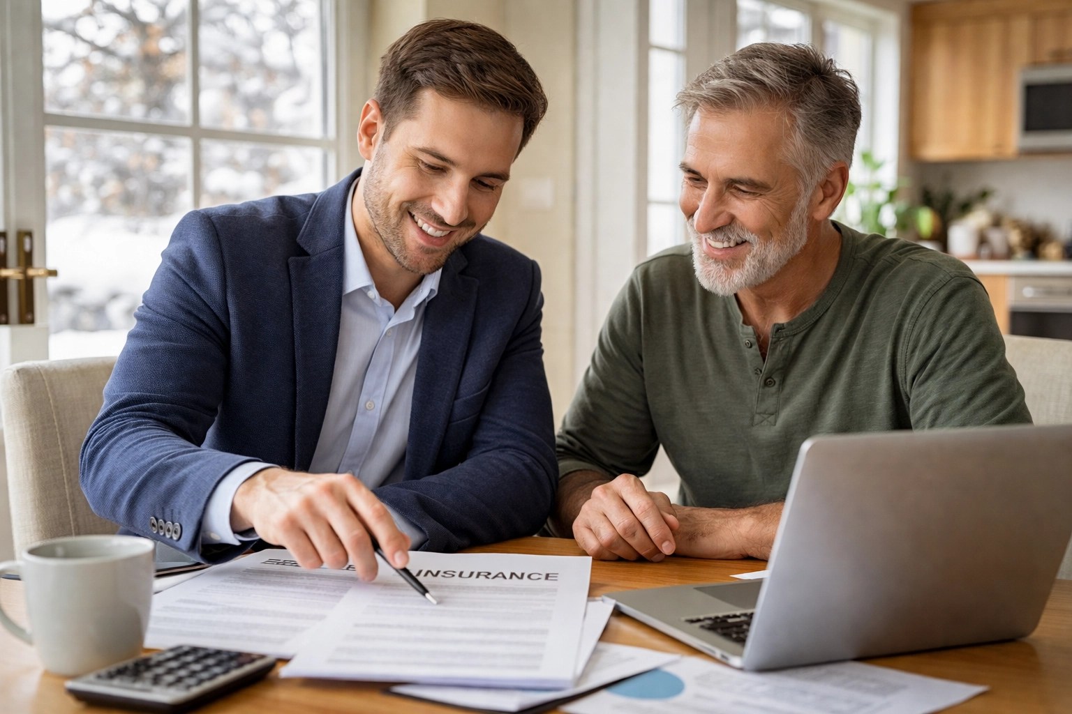 Public adjuster helping homeowner review insurance claim documents at kitchen table